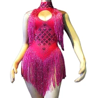 sparkly rhinestone fringe sleeveless women bodysuits skinny elastic nightclub costumes jazz dance stage performance wear