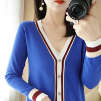 spring new cotton cardigan womens colorblock sweater jacket fashion versatile v neck knit top