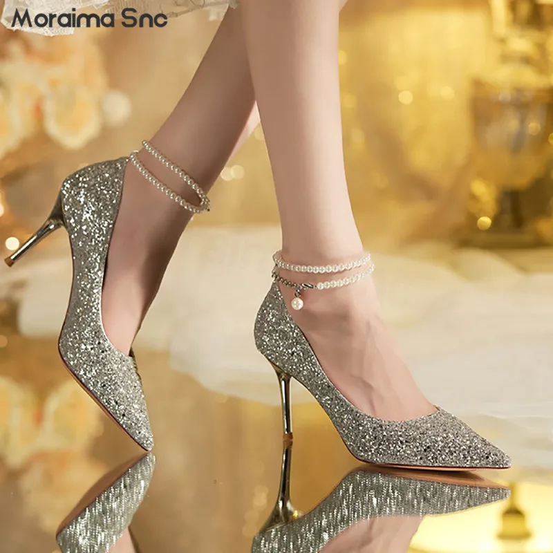Sequin Pearl Chain Wedding Shoes Stiletto Heel Glitter Vamp Pointy Temperament Women's Pumps Fashion Banquet Luxury High Heels