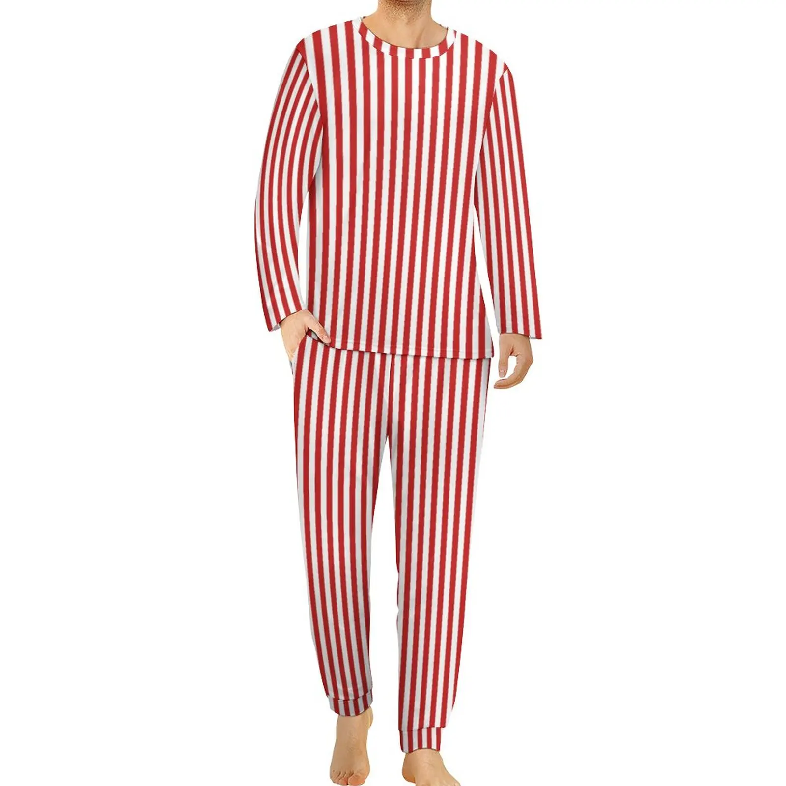 Vertical Red Striped Pajamas Autumn White Lines Print Aesthetic Nightwear Man Graphic Long Sleeves Trendy Big Size Pajamas Set
