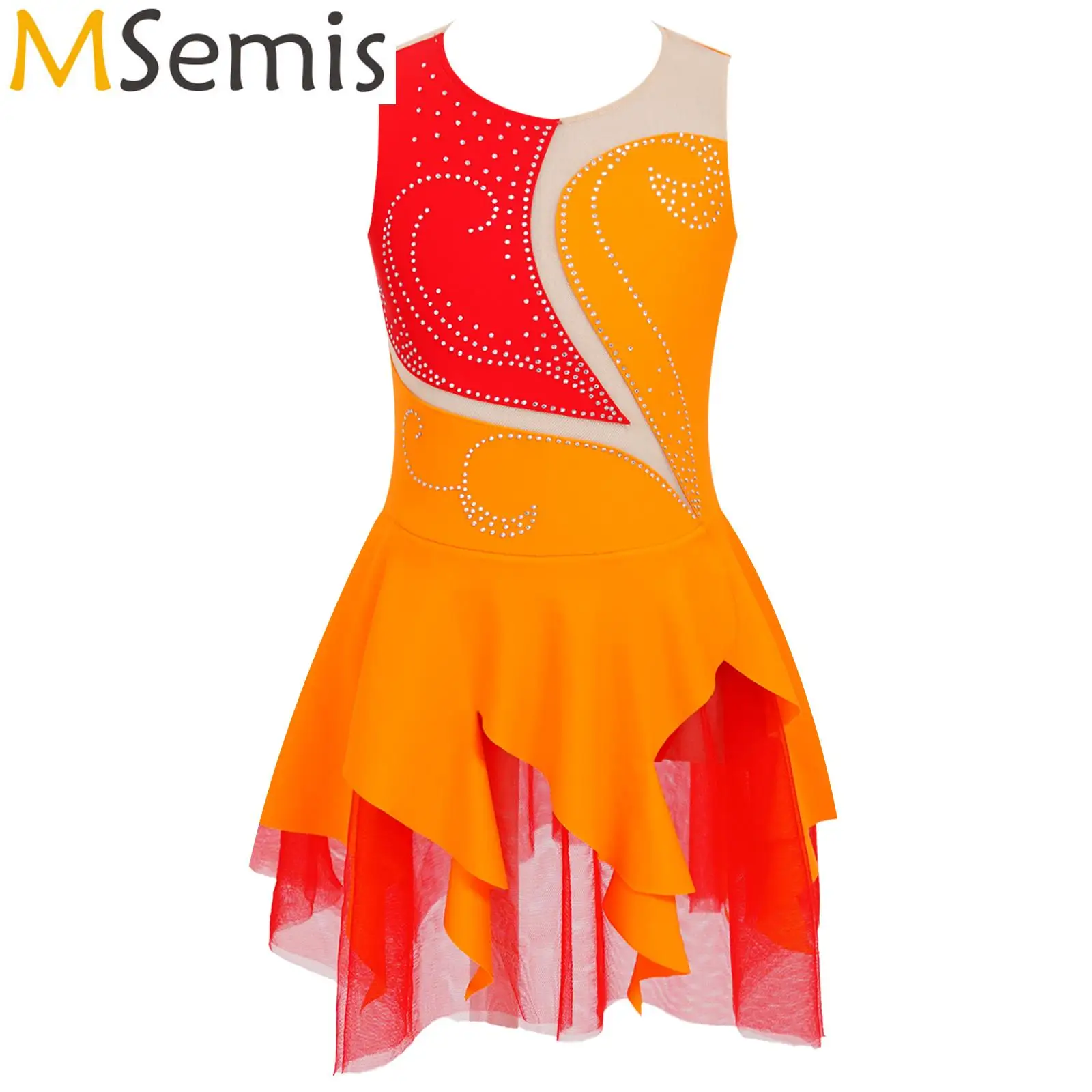 Figure Skating Dress Ballet Dancing Costume for Kids Girls Sleeveless Round Neckline Shiny Rhinestone Ruffle Veil Ballet Dress