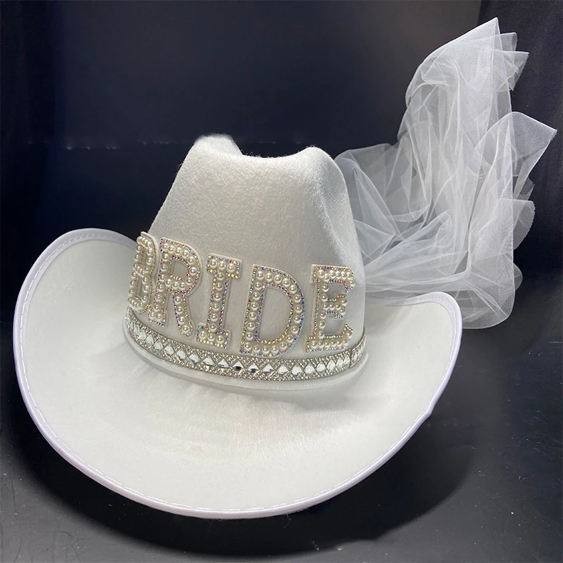 

Bride Shining Letter Rhinestone Sun Protection Party Jazz Hat Adjustment Rope Bride Cowboy Hat Top with Large Brim