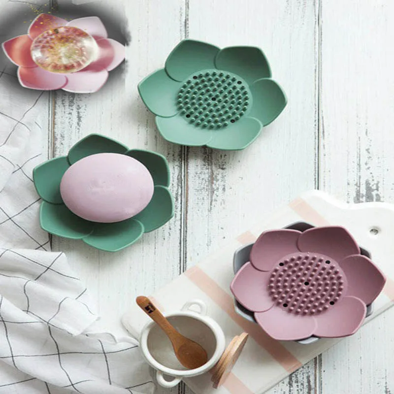 

1Pcs Bathroom Accessories Silicone Draining Soap Dish for Water Draining Non-slip Portable Solid Color Lotus Shape Soap Box