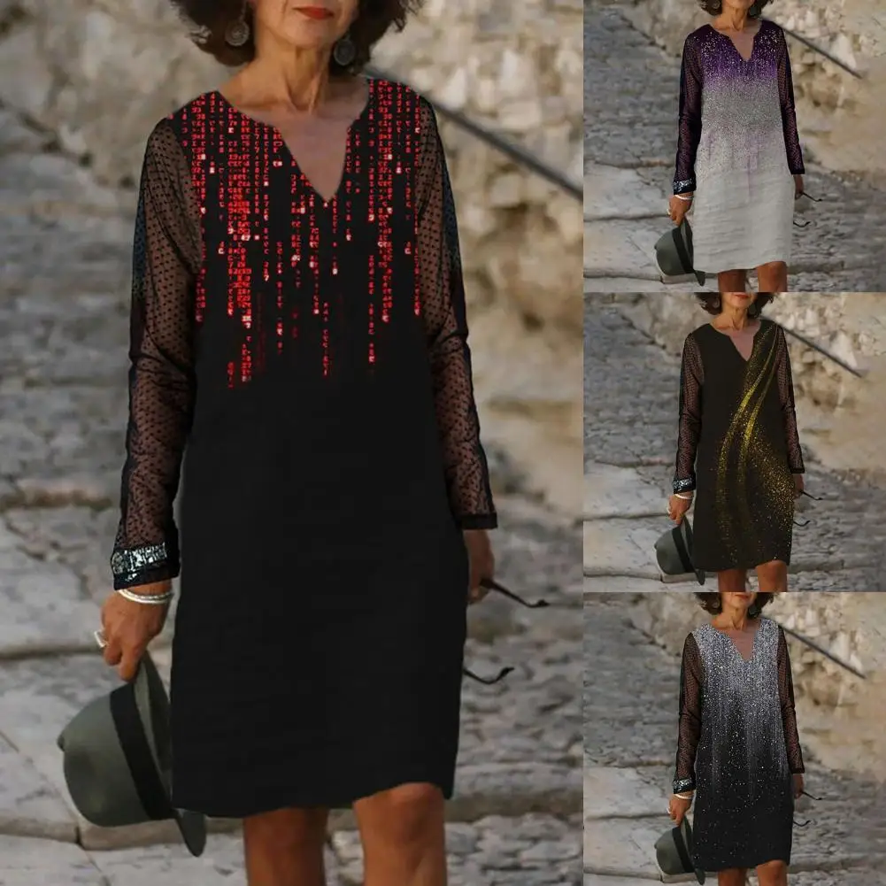 

Attractive Women Dress Simple Soft Texture Party Dress Sequin Decor Net Yarn Long Sleeve Dress