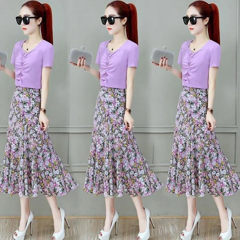 

Plus Size Suits For Women 2XL 3XL Elegant Chiffon Floral Print Crop Tops Floral Print Skirt Two Piece Set Office Lady Party Wear