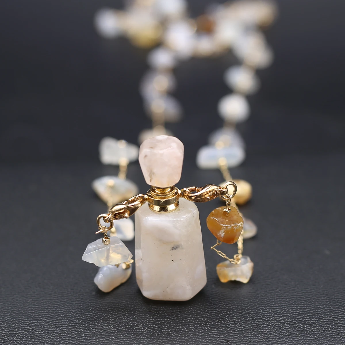 Natural Stone Cherry Flower Agate perfume Bottle Essential Oil Diffuser Pendant Necklace Gravel Chain Exquisite Gift for Women images - 6