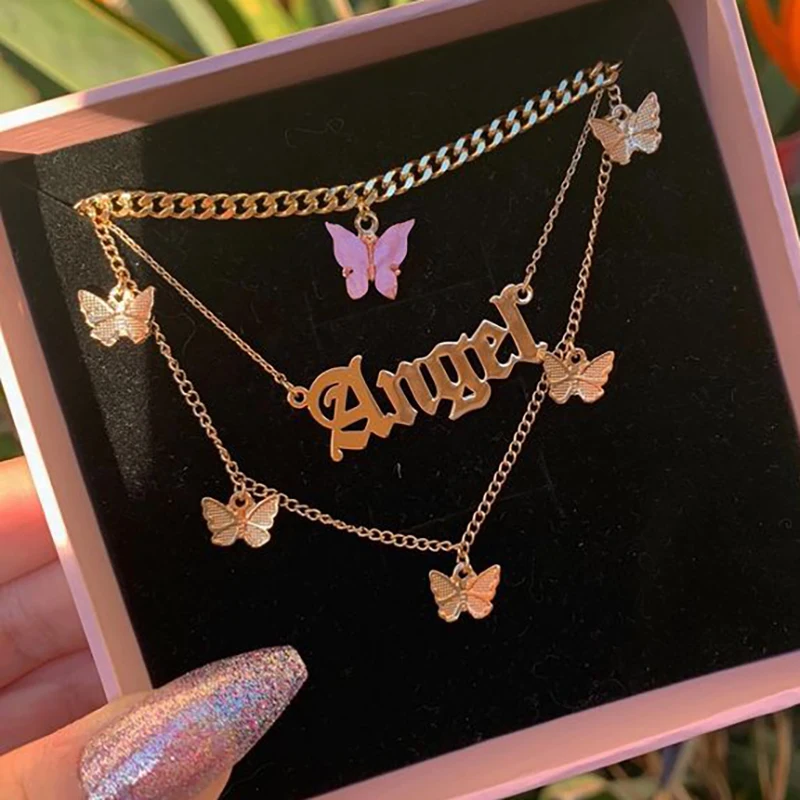 

Gold Color Silver Color Multi-Layer Necklaces For Women Butterfly Letter Angel Pendant Thick Chain Thin Chain Necklace