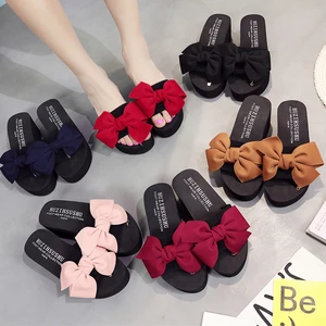 Sandals And Slippers Womens Summer Bow Flower One-Word Thongs Are Thin And Outer Wear Beach Shoes Wedge Sandals And Slippers