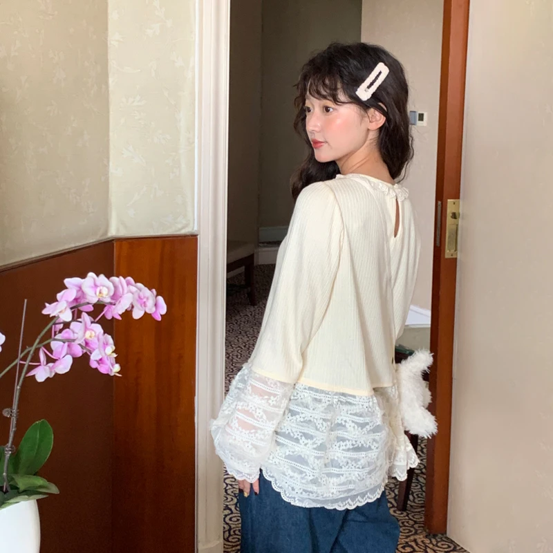 Милая рубашка с кружевным низом для девочек женская осенняя длинным рукавом