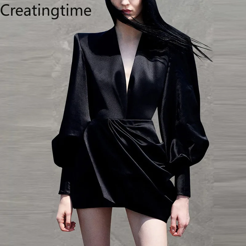 

Creatingtime 2022 Spring New Fashion Tide Women's Lantern Sleeves Sexy V-Neck Black Vintage Asymmetric High Waist Dress GA837