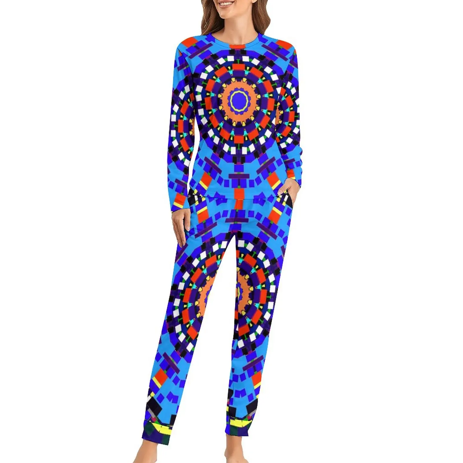 

Bright Mandala Blue Red Pajamas Long Sleeve Abstract Geometric Mandalas Art 2 Pieces Leisure Pajama Set Female Fashion Sleepwear