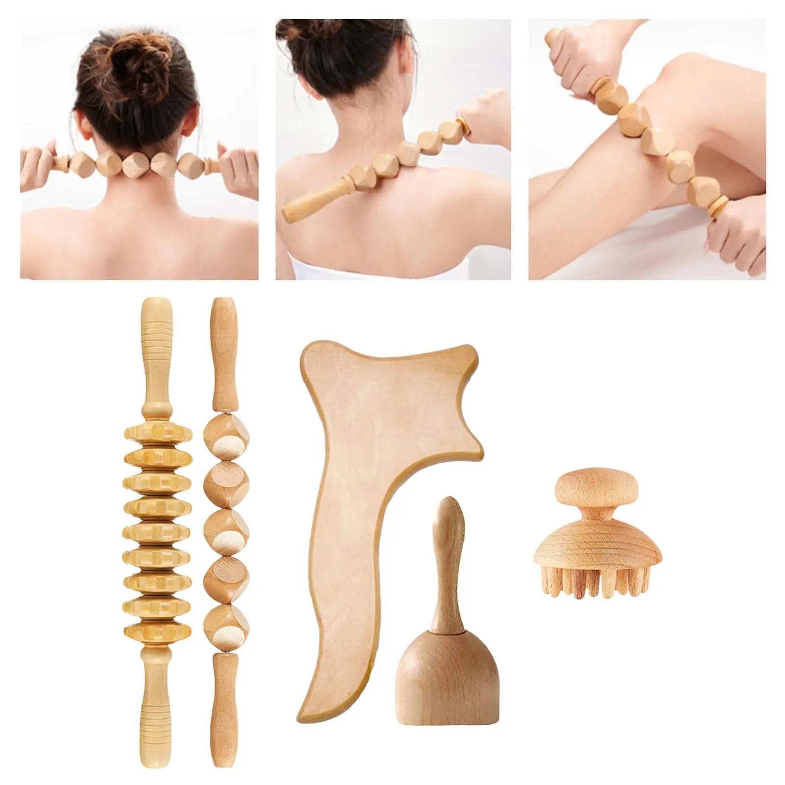 

Set of 5 Wooden Fascia Massager Tool Set Gua Roller Stick for Lymphatic Drainage, Skin Soothing Full Body Muscle Relief
