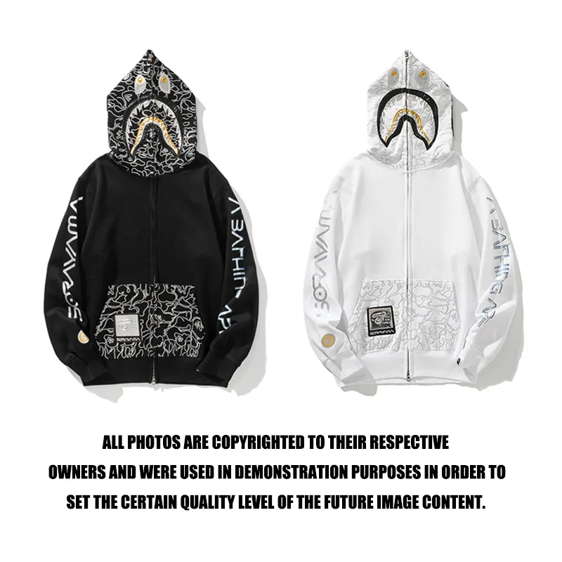 

Женская толстовка с капюшоном BAPE, черная или белая хлопковая куртка с капюшоном и вышивкой в виде серебряной акулы, 2022