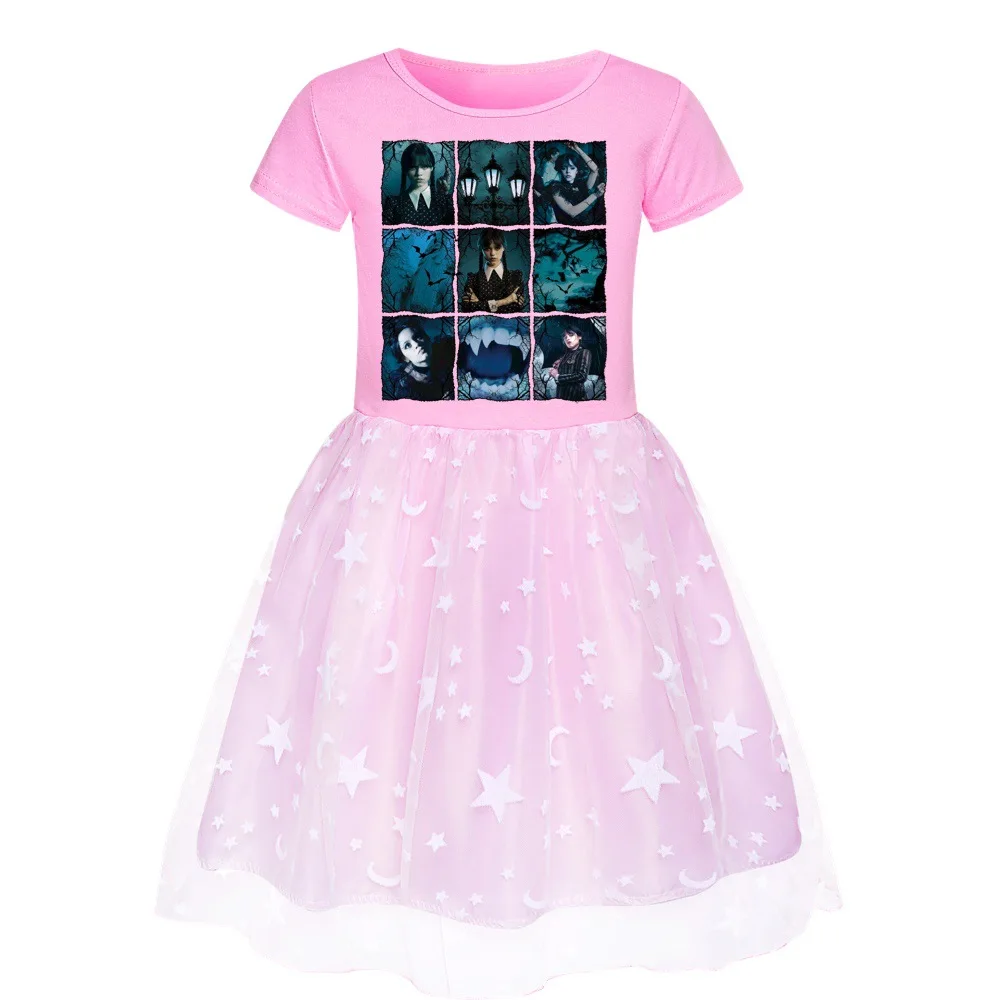 

Wednesday Addams Mesh Girls Summer Short Sleeve Dress Cotton Baby Kids Elegant Vestdios Toddler Girl Clothes Fashion Dresses 8T