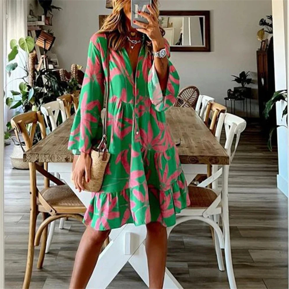 

Spring Women Casual Long Sleeve Floral Mini Dress Print Printed Ruffles Stand Neck Elegant Vestidos Slim Offcie Ladies Sundress