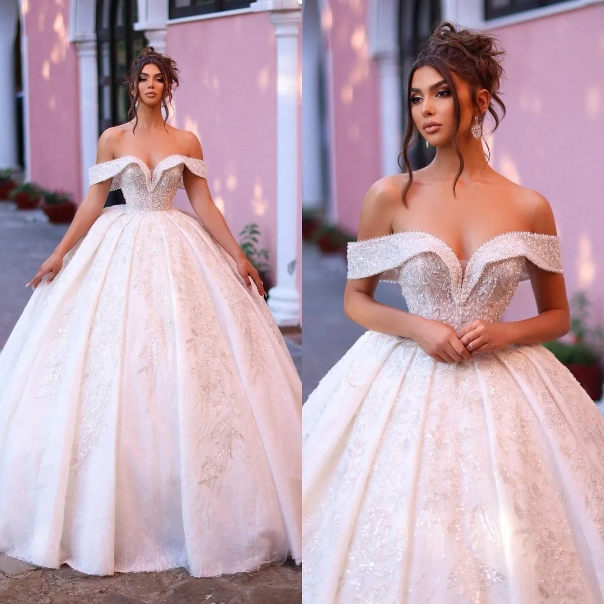 

Princess Ball Gown Wedding Dresses for Women Empire Bridal Gowns Off the Shoulder Lace Sequin Vintage Wedding Robe de Mariage