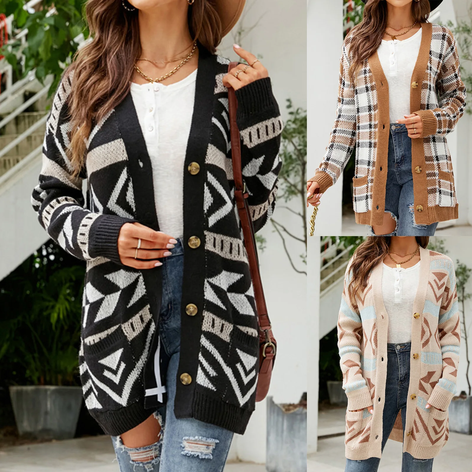 

Women Open Stitch Loose Thick Warm Sweater Cardigan Pocket Ladies Spring Autumn Winter V Neck Knitted Coat Female Casual Tops