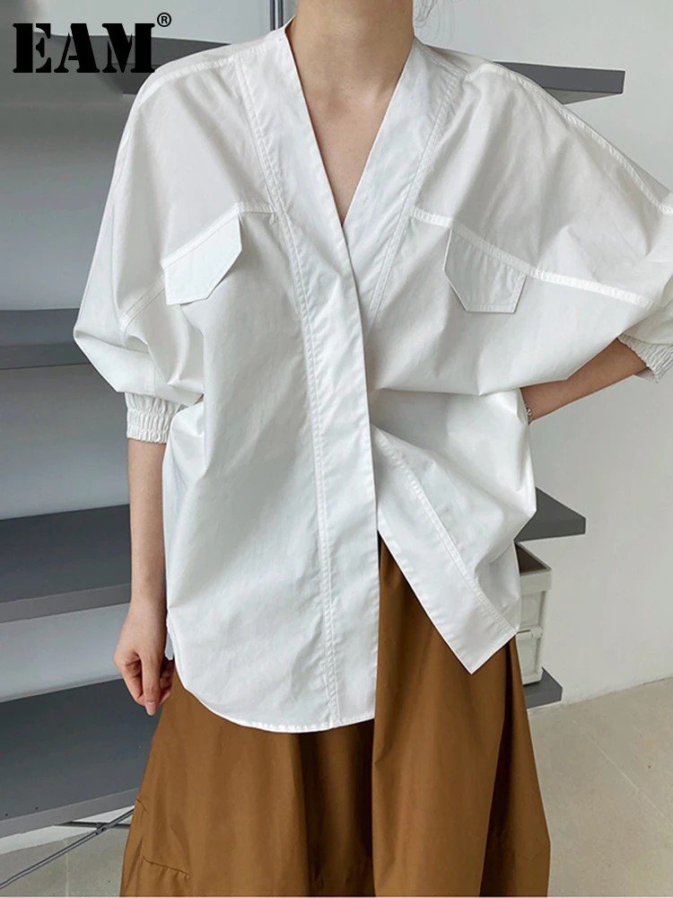 EAM-blusa blanca de talla grande para mujer, camisa holgada de manga larga con cuello en V, a la moda, para primavera y otoño, 2022, 1DE2808