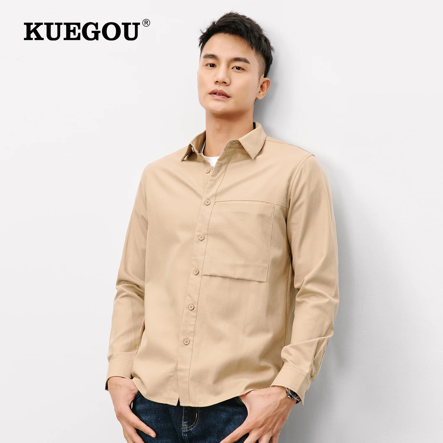 

KUEGOU 2022 Spring Cotton Solid Gray Pocket Button Casual Shirt Men Male Fashion Collar Button Slim Long Sleeve Clothing 20558