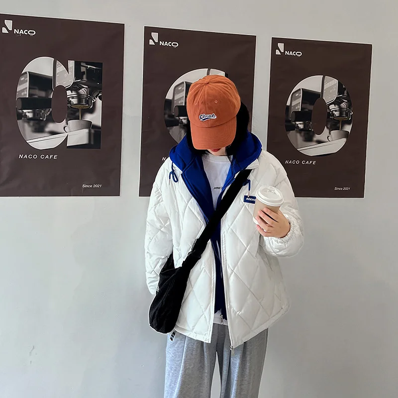 Rhombus Pattern Spliced Hooded Parkas Short Women Jacket Winter Coat Cotton Padded Female Baseball Puffer Jacket Clothes