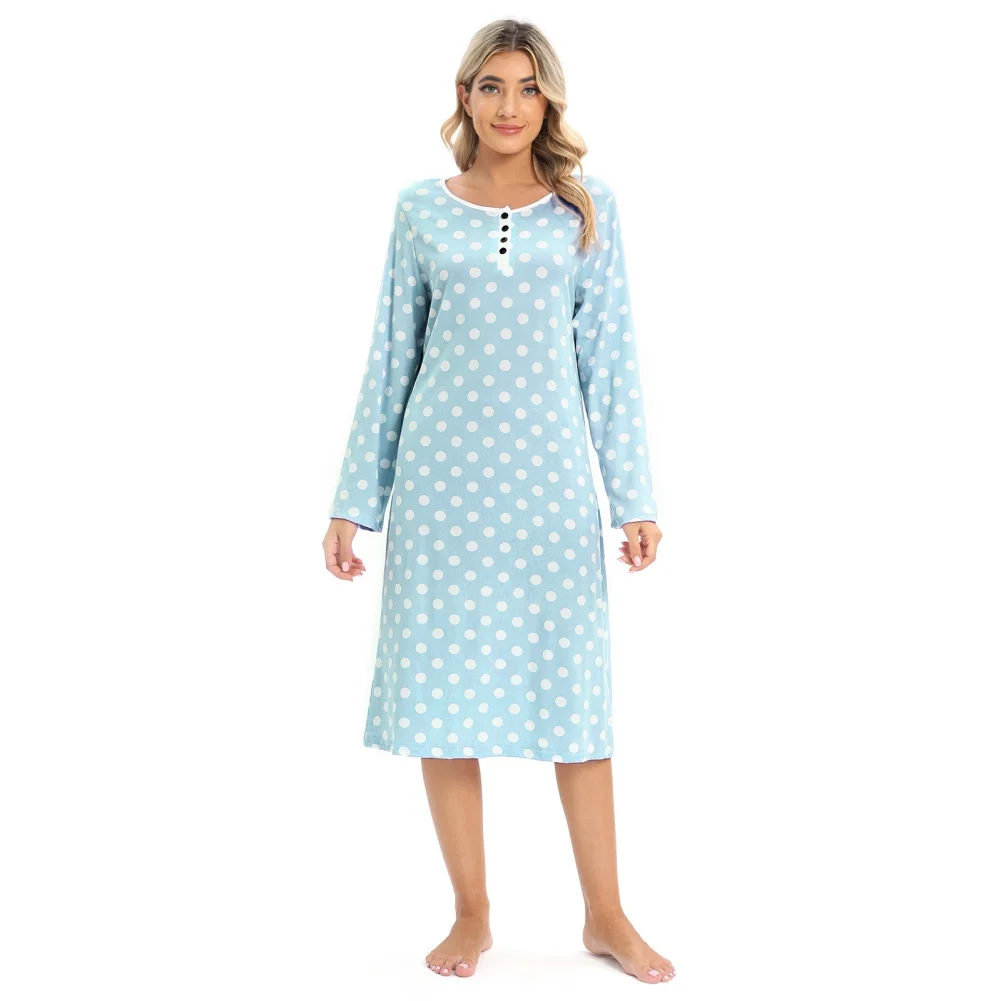 Autumn Women Polka Dot Pajamas Long Sleeves Trendy Dress Sleep Nightgown Winter Crewneck Print Sleepdress