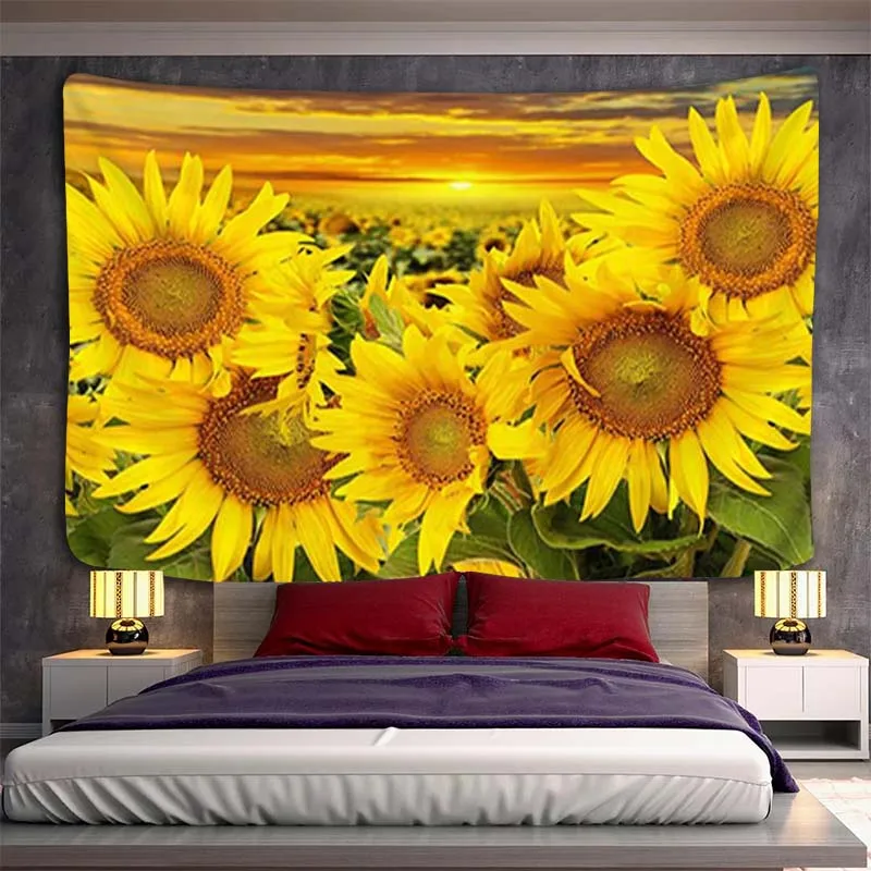 

Sunflower Tapestry Yellow Blooming Flower Green Leaves Country Landscape Tapestries Wall Hanging For Bedroom Living Room Dorm