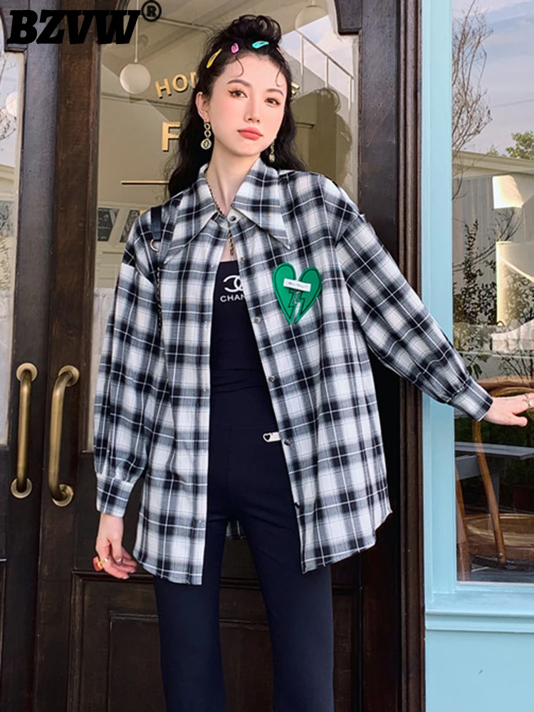 

BZVW Black And White Plaid Contrast Color Shirts For Women Fashion Versatile Streetwear Casual Shirt Female 2023 New 25X01529
