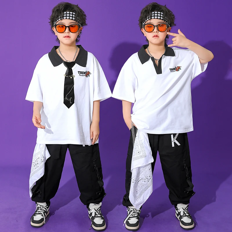 

Костюм для танцев в стиле хип-хоп для мальчиков, свободная футболка, штаны-карго, одежда для выступлений с коротким рукавом, наряды для выступлений и джазовых танцев для девочек-подростков