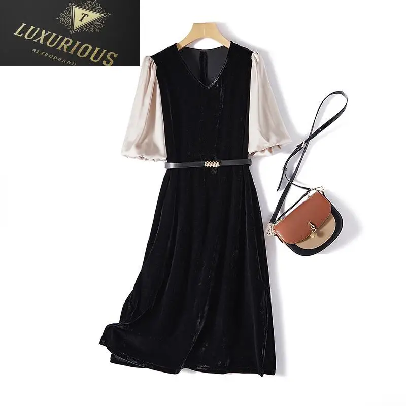 

Korean Fashion Dresses For Women 2024 Lantern Sleeves Contrast Color Gold Velvet Tie Waist Over Knee V-neck Autumn Party Dress