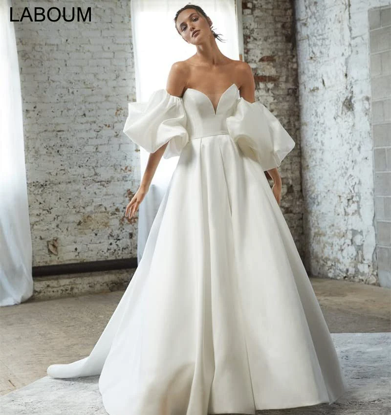 

LaBoum Wedding Dresses Simple Elegant Satin for Women Strapless Court Train Backless Bride Puff Sleeves Gowns Vestido De Novia