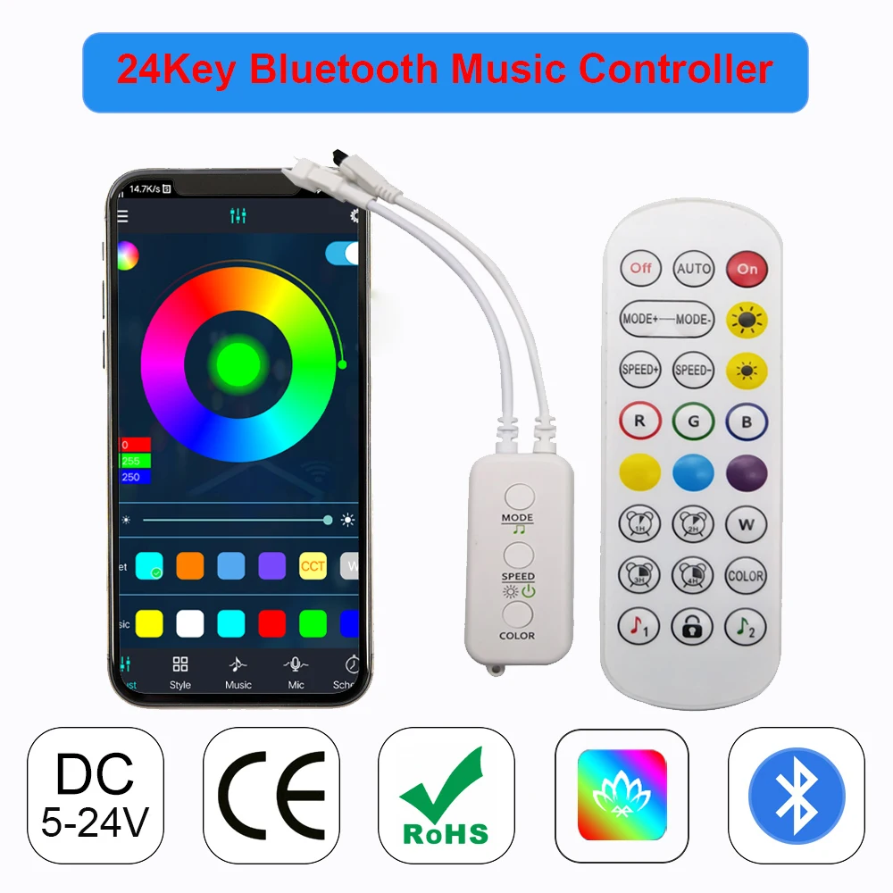 

DC5-24V 24Keys IR Remote Bluetooth APP Music Led Controller For 3Pin Addressable Individually 5050 RGB Strip Light Ring Panel
