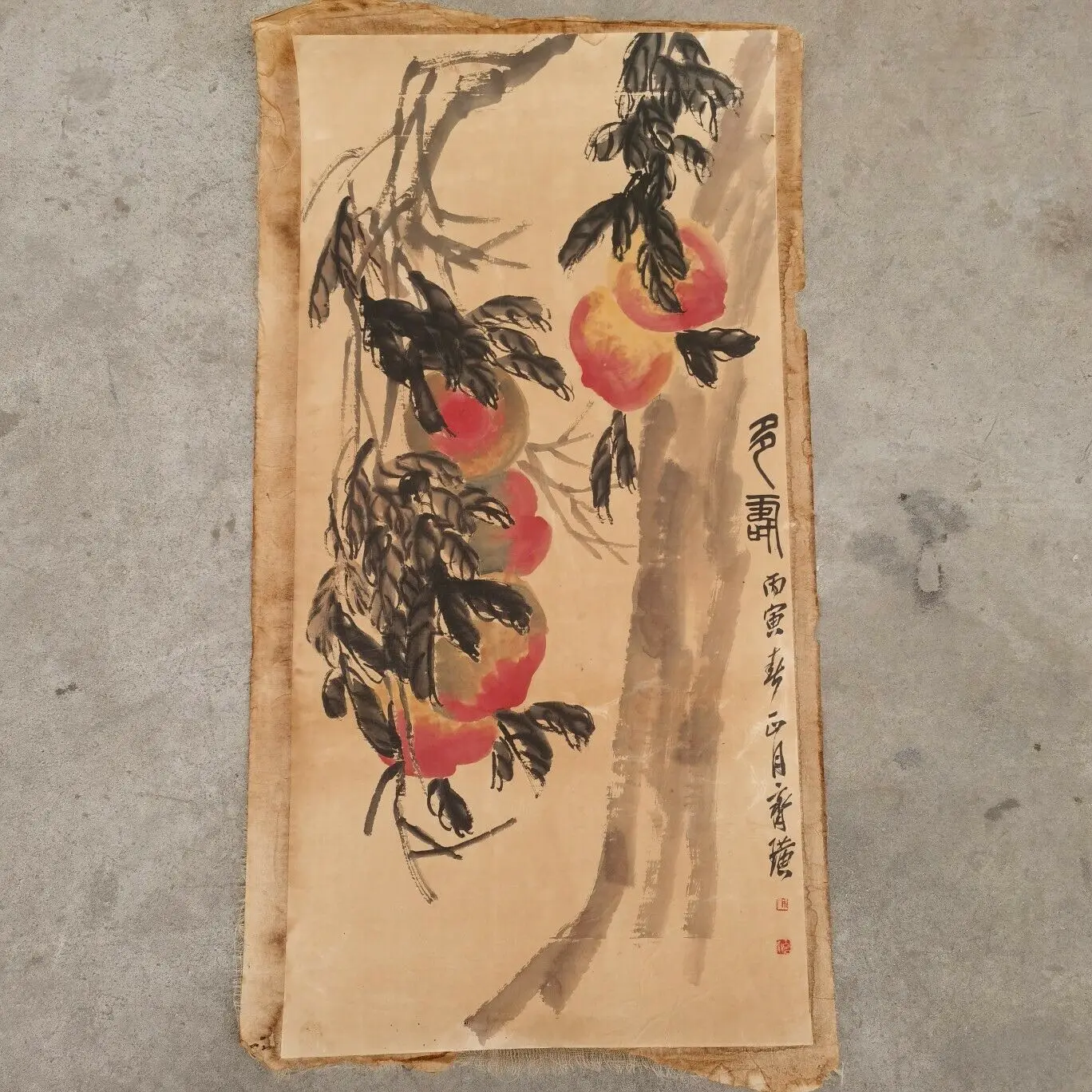 

Chinese Old Scroll Qi Baishi - Peach Painting Rice Paper Painting Slice