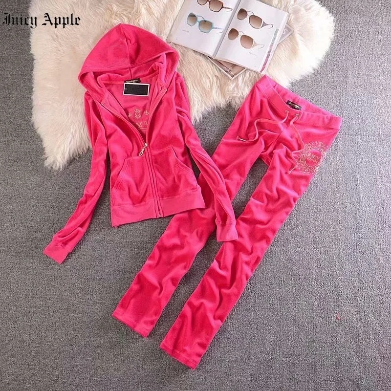 Juicy Apple Tracksuit Women Casual Two Piece Sets Woman Outifits Fall Spring Sportswear Long Sleeve Zipper Hoodie + Sports Pants