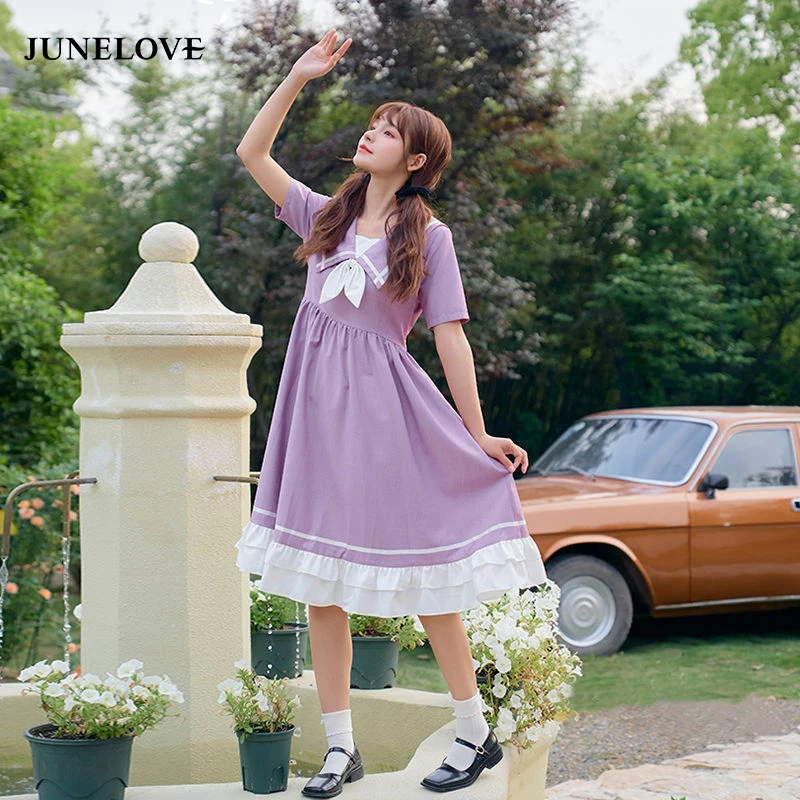 JuneLove Sweet Girl Japanese College Style Dress Navy Collar Mid-length Loose Purple Women Lolita Party Summer 2022 |