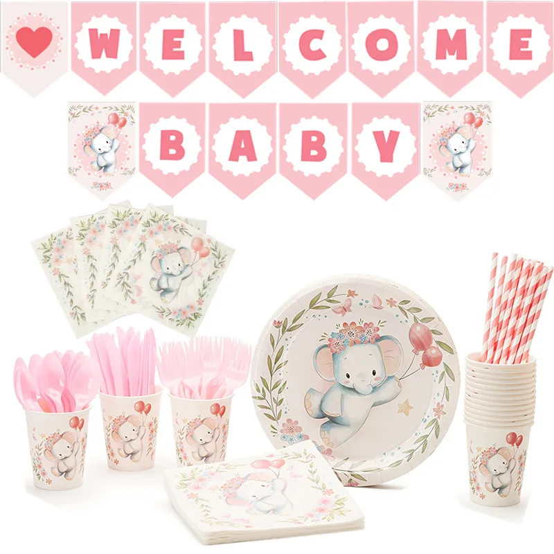 

10 Guests Pink Baby Elephant Theme Party Tableware Elephant Plates Cups Napkins Happy Wild One Birthday Party Baby Shower Suppli