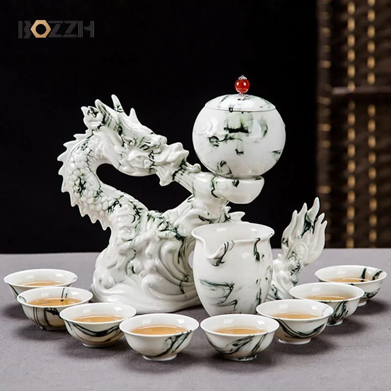 

BOZZH Automatic Ceramics Tea Set Chinese Teaware Anti-scald Design Rotate Teapot Household Porcelain Tea Strainer Gifts