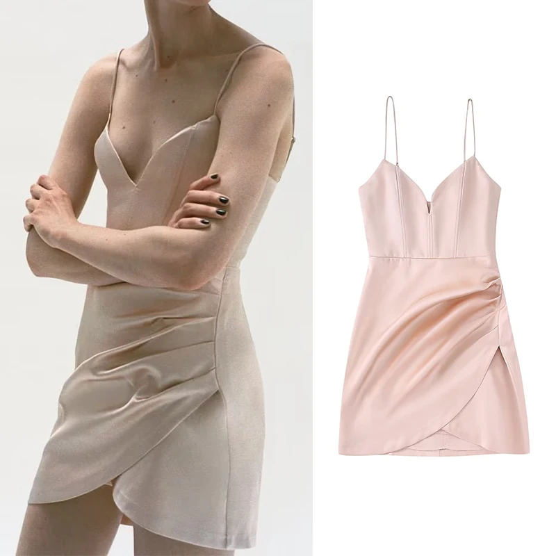 

Summer 2022 Women Solid Satin Short Dress Sweetheart Neck Sleeveless Female Fashion Sweet Mini Strap Dress Vestidos HH6982