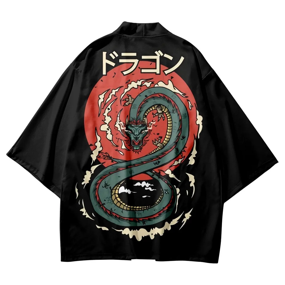 

Japanese Black Dragon Print Kimono Cardigan Women Samurai Costume Asian Clothes Kimonos Mens Shirt Yukata Haori Jacket