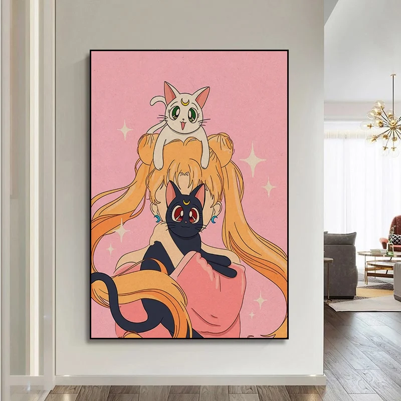 Плакат BANDAI из крафт-бумаги в стиле ретро с изображением Сейлор Мун кошки |