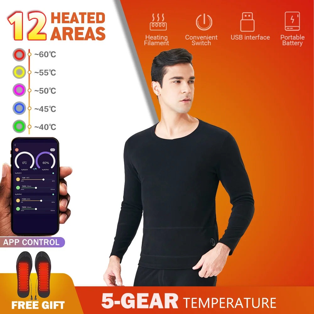 

Men Heated Underwear Fleece Thermal Underwear Heating Jacket USB Battery Powered Smart Phone APP Control Temperature Clothing