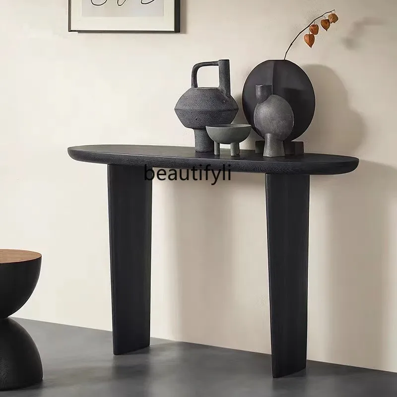 

zqNordic Solid Wood Console Tables Black Entrance Cabinet Narrow Console Table Living Room Corridor Side View Table