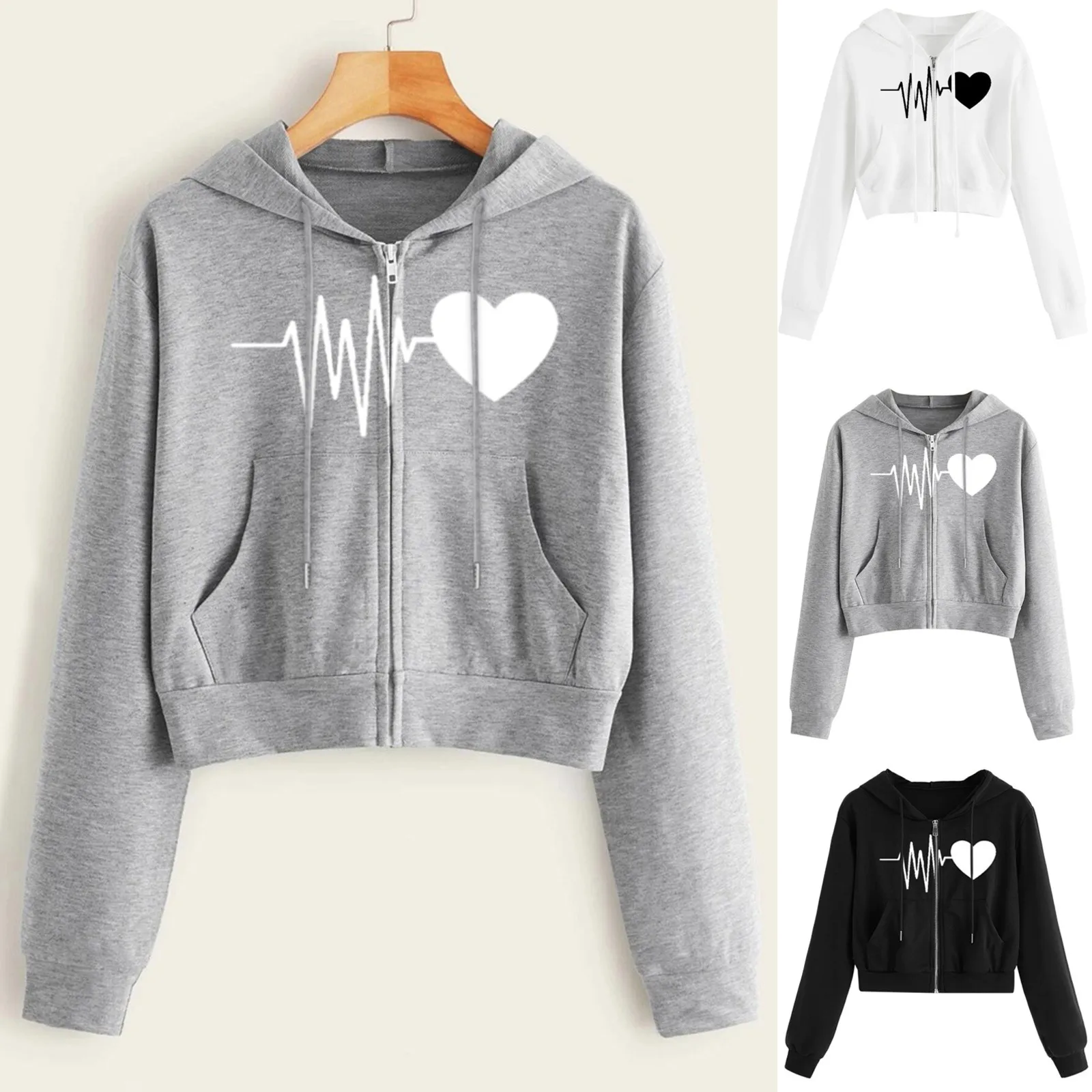 

Pocket Shirt Tops Zipper Hooded Print Heartbeat Woman's Hoodie Zip Front Baggy Sweatshirt Women Tunic Hoodies for Women