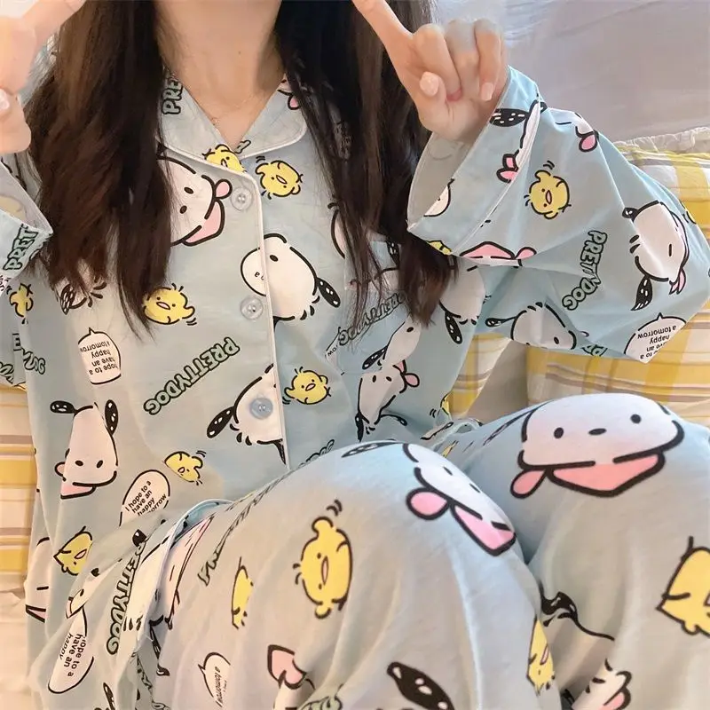 

Kawaii Симпатичные пижамы Sanrio понравико Домашняя одежда костюм из двух частей из хлопка с принтом Ins милая девочка Рождественский подарок для девушки