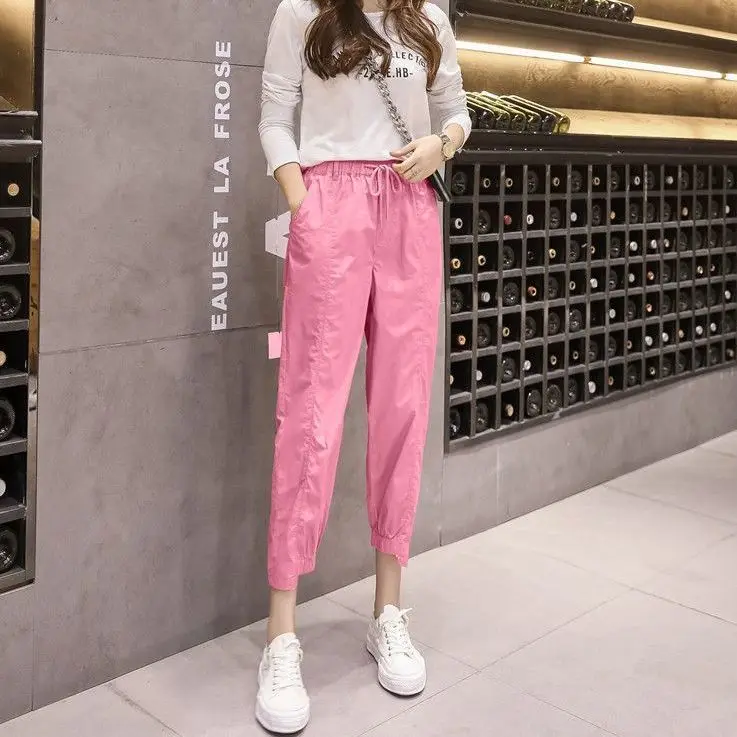 

Summer Women Streetwear Casual Candy Color Drawstring Low Waist Thin Harem Pants Female Loose Ankle-Length Cargo Trousers C148