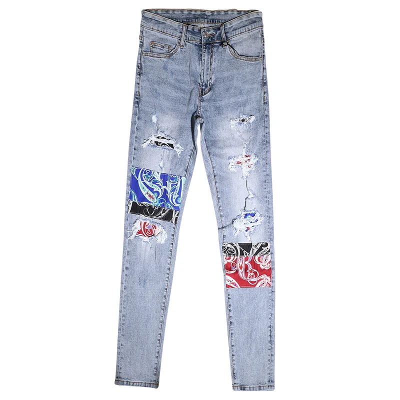 Streetwear Fashion Men Jeans Retro Light Blue Stretch Slim Fit Hole Ripped Jeans Men Patch Designer Hip Hop Brand Pants Hombre