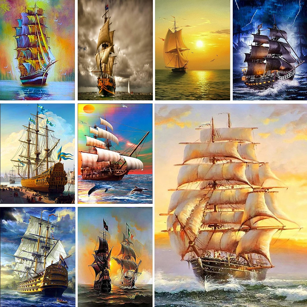 

DIY 5D Diamond Painting Sailboat Cross Stitch Kit Diamond Embroidery Ship Full Round Square Drill Mosaic Manual Art Home Decor