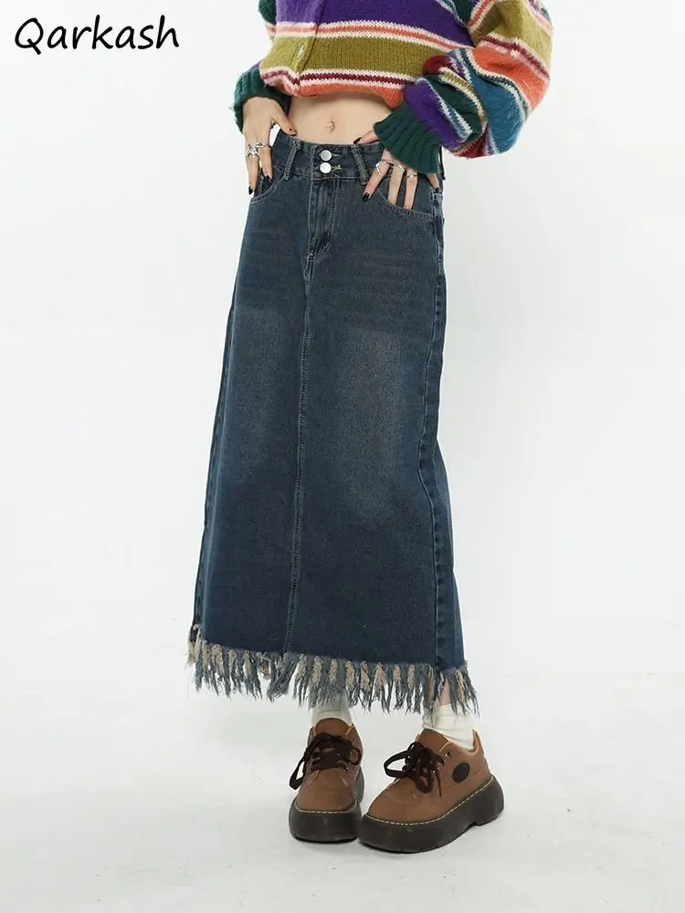 

Женская джинсовая юбка с бахромой, базовая трапециевидная Повседневная универсальная винтажная юбка до щиколотки в Корейском стиле, весна