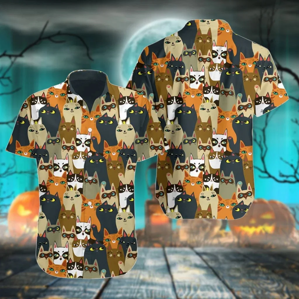 

PLstar Cosmos Halloween Cats Pattern Skeleton & Ghost 3D Printed Men's Hawaiian Shirt Summer Unisex Casual Beach Shirt DXS14