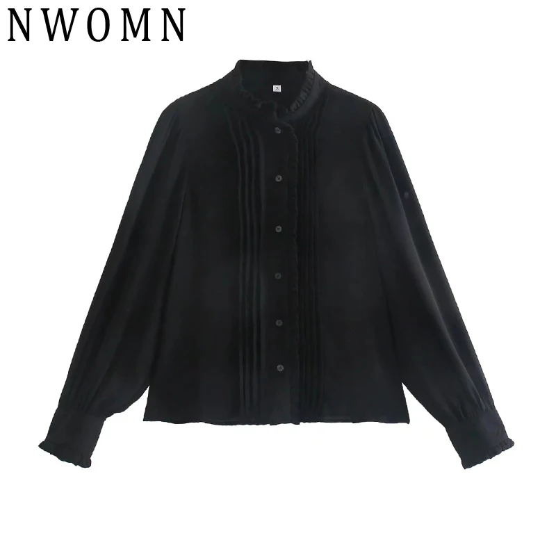 

Женская плиссированная блузка на пуговицах, с длинным рукавом и рюшами