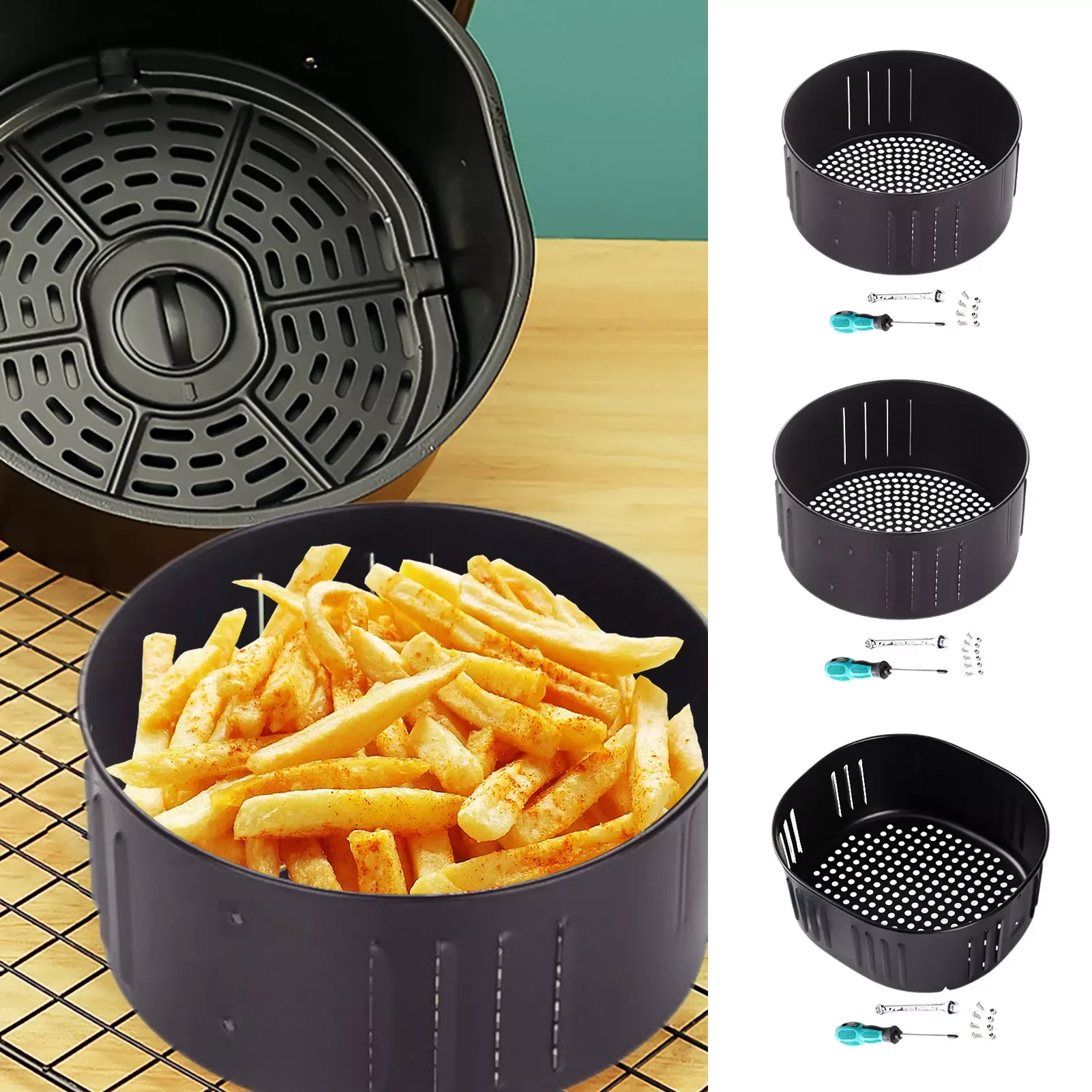 

NEW2023 Air Fryer Replacement Basket Non Stick Sturdy Roasting Cooking Stainless Steel Baking Tray For All Air Fryer Oven